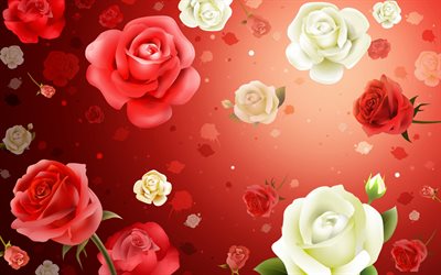 colorido de las rosas de fondo, estampados de flores, arte decorativo, 3D rosas de fondo, flores, floral ornamento, fondo con rosas, rosas marcos