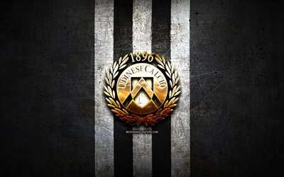 Udinese FC, golden logo, Serie A, black metal background, football, Udinese Calcio, italian football club, Udinese logo, soccer, Italy