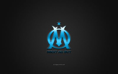 Olympique Marseille, French football club, Ligue 1, Blue logo, Gray carbon fiber background, football, Marseille, France, Olympique Marseille logo