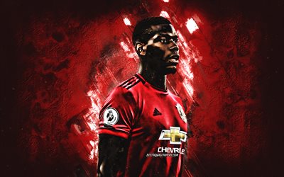 Paul Pogba, O Manchester United FC, retrato, franc&#234;s jogador de futebol, vermelho criativo fundo, Inglaterra, futebol