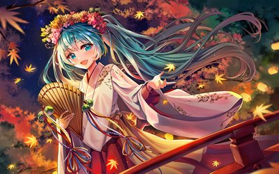 Mavi sa&#231;lı Hatsune Miku, kimono, Vocaloid Karakterleri, kız, manga, Vocaloid, Hatsune Miku