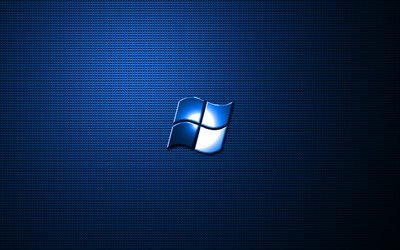 Blu di Windows logo, illustrazione, metallo, griglia di sfondo, il logo di Windows, creativo, Windows, Windows logo in metallo
