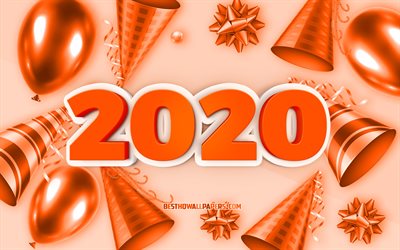 Orange 2020 bakgrund, 2020 gratulationskort, Gott Nytt &#197;r 2020, 3d-2020 Orange bakgrund, 2020 begrepp, 2020 Jul Orange Bakgrund, kreativa 3d-konst, 2020 bakgrund med ballonger