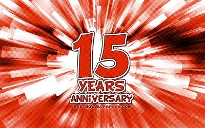 15th anniversary, 4k, orange abstract rays, anniversary concepts, cartoon art, 15th anniversary sign, artwork, 15 Years Anniversary
