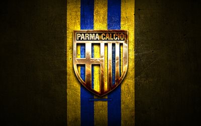 parma fc, golden logo, serie a, gelbe metall hintergrund, fu&#223;ball, parma calcio 1913, italienische fu&#223;ball-club, parma logo, fussball, italien