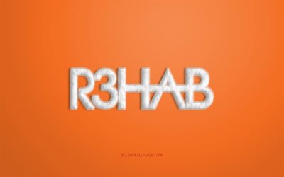wei&#223; r3hab-logo, orange hintergrund, r3hab 3d-logo, r3hab fell-logo, creative pelz kunst, r3hab-emblem, niederl&#228;ndischen dj r3hab, bekannt als fadil el ghoul