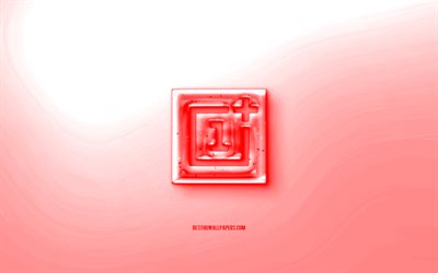 OnePlus 3D logo, Red wave background, Red OnePlus jelly logo, OnePlus emblem, creative 3D art, OnePlus