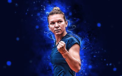 Simona Halep, 4k, romanian tennis players, WTA, blue neon lights, tennis, Halep, fan art, Simona Halep 4K