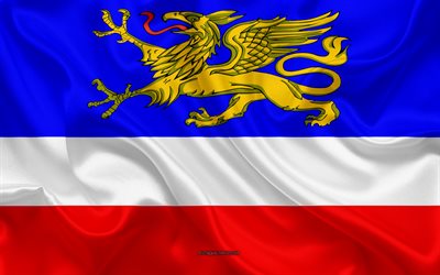 Rostock Bandeira, 4k, textura de seda, seda bandeira, Cidade alem&#227;, Rostock, Alemanha, Europa, Bandeira de Rostock, bandeiras de cidades alem&#227;s