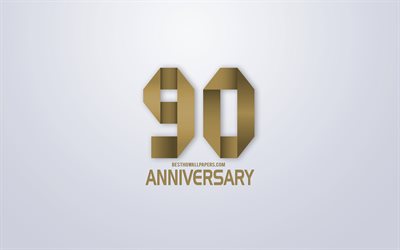 90th Anniversary, Anniversary golden origami Background, creative art, 90 Years Anniversary, gold origami letters, 90th Anniversary sign, Anniversary Background