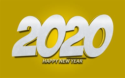 4k, 2020 yellow 3D digits, cartoon art, Happy New Year 2020, yellow background, 2020 neon art, 2020 concepts, 2020 on yellow background, 2020 year digits, New Year 2020