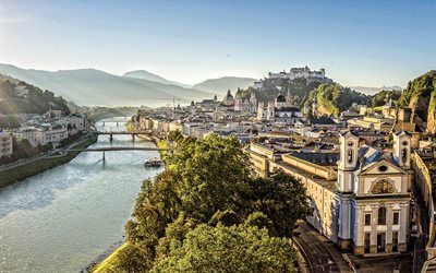 Salzburg, aamulla, sunrise, it&#228;vallan kaupunki, alpeilla, mountain maisema, Salzburg kaupunkikuvaan, It&#228;valta