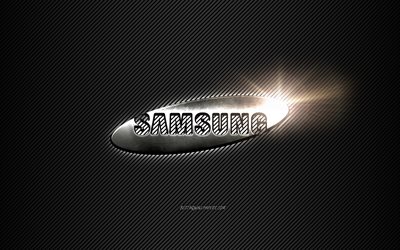 Samsung Metal logo, black lines background, black carbon background, Samsung logo, emblem, metal art, Samsung