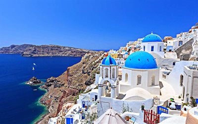 Santorini, Thira, mar Egeo, Mare, mattina, alba, citt&#224; romantica, case bianche, il Mare Mediterraneo, Grecia