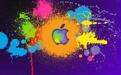 Appleのロゴ, カラフルな塗装の水しぶき, Apple, 創造, リンゴカラフルなロゴ, グランジア