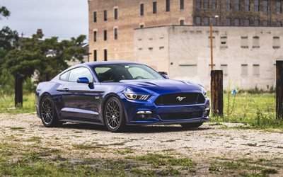 Ford Mustang, blue sports coupe, new blue Mustang, black wheels, american cars, Ford