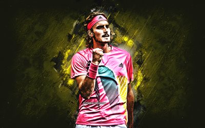 Stefanos Tsitsipas, ATP, Greek tennis player, portrait, yellow creative background, ATP TOP 100, Tennis