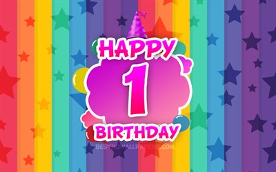 Happy 1st birthday, colorful clouds, 4k, Birthday concept, rainbow background, Happy 1 Years Birthday, creative 3D letters, 1st Birthday, Birthday Party, 1st Birthday Party