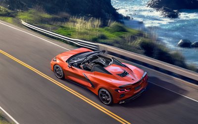 2020, Chevrolet Corvette Stingray Convertible, top view, orange convertible, sports coupe, new orange Corvette, Chevrolet