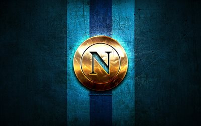 Napoli FC, golden logo, Serie A, blue metal background, football, SSC Napoli, italian football club, Napoli logo, soccer, Italy