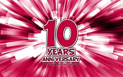 10e anniversaire, 4k, violet abstrait rayons, anniversaire, concepts, cartoon art, 10e signe d'anniversaire, illustration, Anniversaire 10 Ans