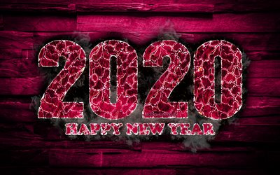 2020 purple fiery digits, 4k, Happy New Year 2020, purple wooden background, 2020 fire art, 2020 concepts, 2020 year digits, 2020 on purple background, New Year 2020