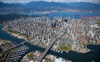 Vancouver, seaport city, top view, Vancouver aerial view, skyscrapers, British Columbia, Canada