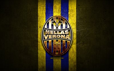 Hellas Verona FC, golden logo, Serie A, yellow metal background, football, Hellas Verona, italian football club, Hellas Verona logo, soccer, Italy