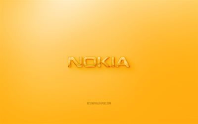 Nokia 3D logo, Keltainen tausta, Keltainen Nokia jelly logo, Nokia tunnus, luova 3D art, Nokia