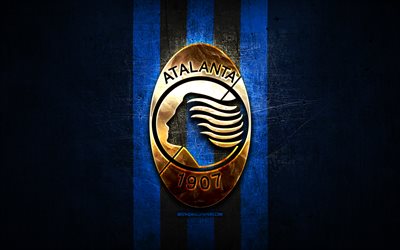 Atalanta FC, golden logotyp, Serie A, bl&#229; metall bakgrund, fotboll, italiensk fotboll club, Atalanta logotyp, Italien