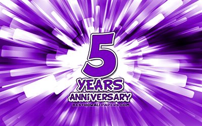 5e anniversaire, 4k, violet abstrait rayons, anniversaire, concepts, cartoon art, 5&#232;me signe d&#39;anniversaire, illustration, 5 Ans, Anniversaire