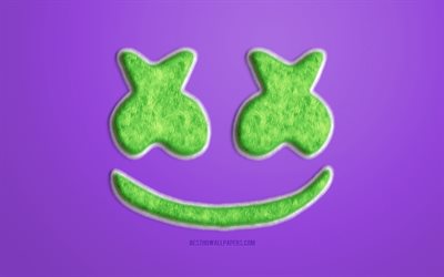 Verde Marshmello Logotipo, Fundo roxo, Marshmello logo 3D, Marshmello logotipo de peles, criativo de peles de arte, Marshmello emblema, American DJ, Marshmello, Christopher Comstock