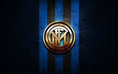Inter Milan FC, golden logo, Serie A, blue metal background, football, Internazionale, italian football club, Internazionale logo, soccer, Italy