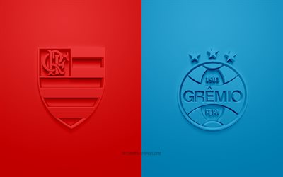 Flamengo vs Gremio, 2019 Copa Libertadores, semifinal, promotional materials, football match, logos, 3d art, CONMEBOL, Clube de Regatas do Flamengo, Gremio FC