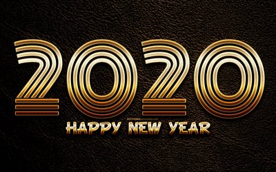 Happy New Year 2020, brown leather background, creative, 2020 golden linear digits, 2020 metal art, 2020 concepts, golden linear digits, 2020 on leather background, 2020 year digits