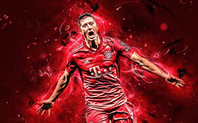 Robert Lewandowski, goal, Bayern Munich FC, polish footballers, soccer, striker, Lewandowski, Bundesliga, neon lights, Germany