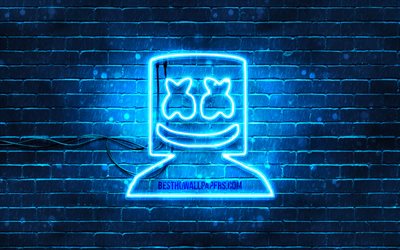 Marshmello, blue brickwall, 4k, music stars, Christopher Comstock, blue neon signs, Marshmello 4K, Blue neon Marshmello, music brands, DJ Marshmello