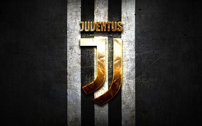 Juventus FC, golden logo, Serie A, black metal background, football, Juventus, italian football club, Juventus logo, soccer, Italy, Juve, Bianconeri