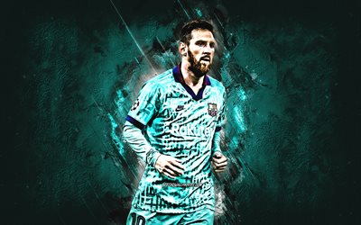 Lionel Messi, FC Barcelona, portrait, turquoise stone background, creative art, Argentine soccer player, striker, La Liga, Spain, Catalonia, world football star, Messi Barcelona