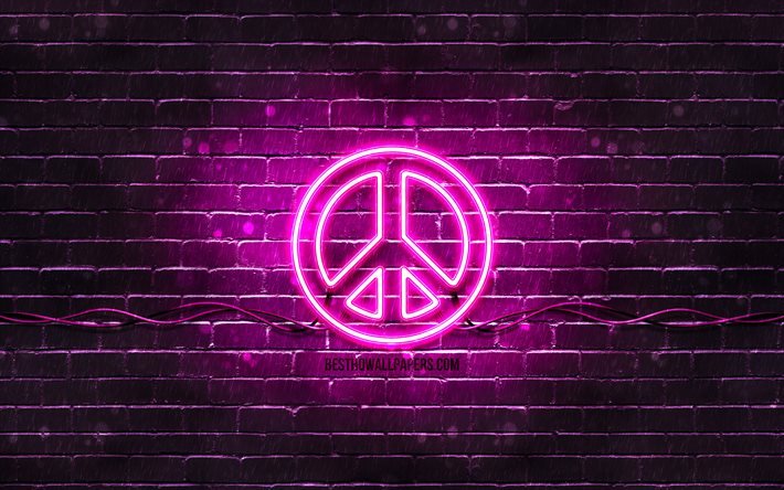 Peace purple sign, 4k, purple brickwall, Peace symbol, creative, Peace neon sign, Peace sign, Peace