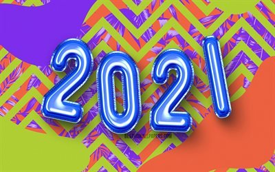 Happy New Year 2021, 3D art, blue balloons digits, 4k, 2021 blue digits, 2021 concepts, 2021 new year, 2021 on colorful background, 2021 year digits