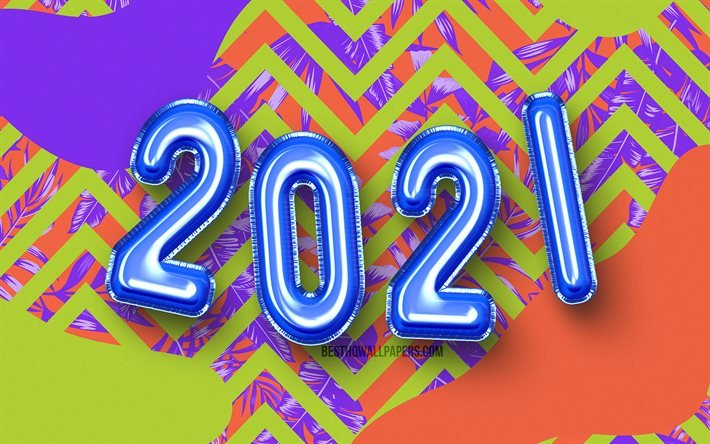Felice Anno Nuovo 2021, Arte 3D, cifre palloncini blu, 4k, 2021 cifre blu, 2021 concetti, 2021 nuovo anno, 2021 su sfondo colorato, 2021 cifre anno