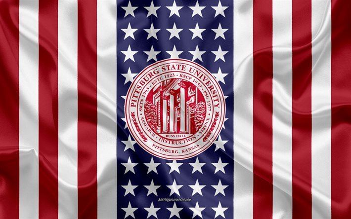 pittsburg state university emblem, amerikanische flagge, pittsburg state university logo, pittsburg, kansas, usa, pittsburg state university