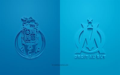 FC Porto vs Olympique de Marseille, UEFA Champions League, Group С, 3D logos, blue background, Champions League, football match, Olympique de Marseille, FC Porto