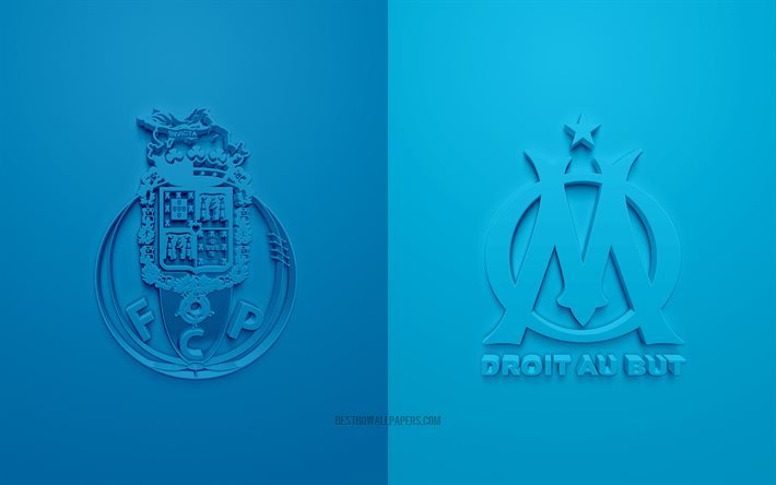 FC Porto vs Olympique de Marseille, UEFA Champions League, Grupp С, 3D-logotyper, bl&#229; bakgrund, Champions League, fotbollsmatch, Olympique de Marseille, FC Porto
