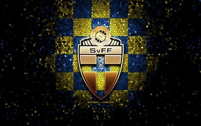 Swedish football team, glitter logo, UEFA, Europe, blue yellow checkered background, mosaic art, soccer, Sweden National Football Team, SvFF logo, football, Sweden