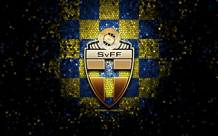 Squadra di calcio svedese, logo glitter, UEFA, Europa, sfondo a scacchi giallo blu, arte a mosaico, calcio, Svezia Nazionale di calcio, logo SvFF, Svezia