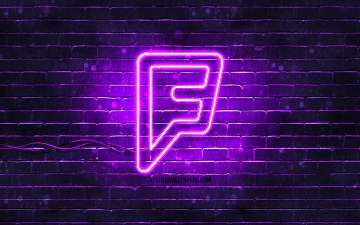 Logo violet Foursquare, 4k, mur de briques violet, logo Foursquare, r&#233;seaux sociaux, logo au n&#233;on Foursquare, Foursquare