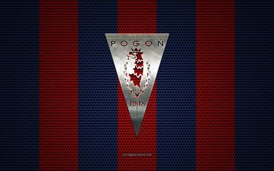Pogon Szczecin logo, Polish football club, metal emblem, blue and red metal mesh background, Pogon Szczecin, Ekstraklasa, Gdansk, Poland, football