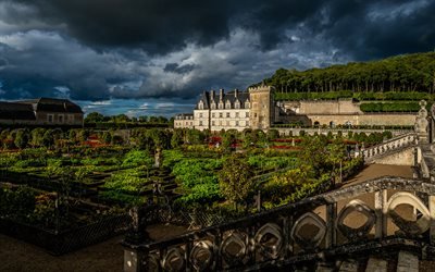 Villandry Castle, HDR, clouds, Loire Valley, Renaissance, french landmarks, France, Europe